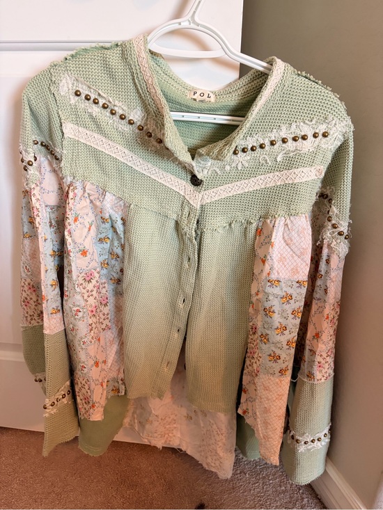 POL Tops - POL Mint Green Patchwork Knit Cardigan with Floral Panels